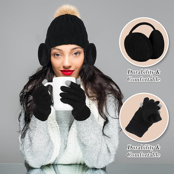 SATINIOR 5 Pcs Winter Hat Scarf Gloves Set Fleece Warm Lined Knit Beanie Hat Touch Screen Earmuff Gloves Warmer for Women(Black,Cool Style)
