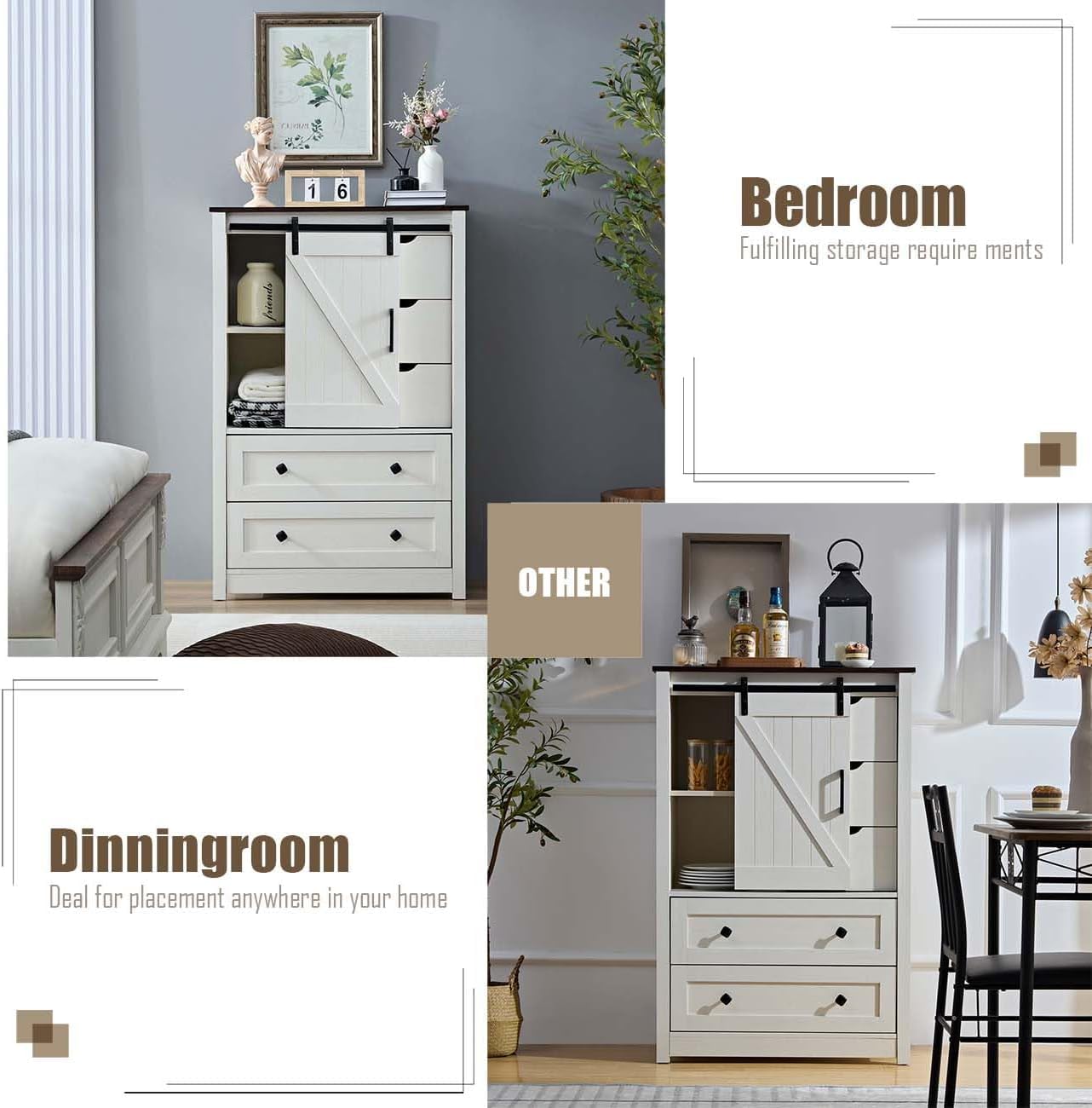 BLANKSPACE Antique White Dresser for Bedroom with 5 Drawers, 5 Chest of Drawers with Sliding Barn Door, Farmhouse Dresser for Living Room, Dining Room, Hallway