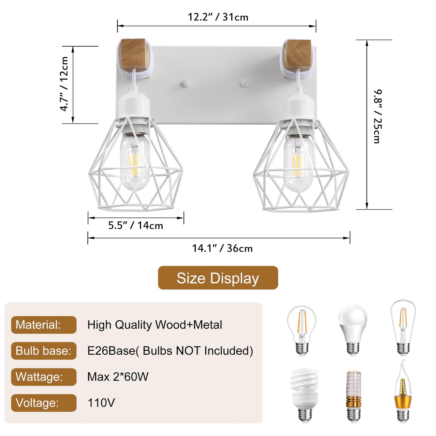 Farmhouse Vanity Light for Bathroom, 2-Light White Wood Bathroom Vanity Light Fixtures Over Mirror, Rustic Sconces Wall Lighting with Metal Lampshade for Living Room, Bedroom, Hallway