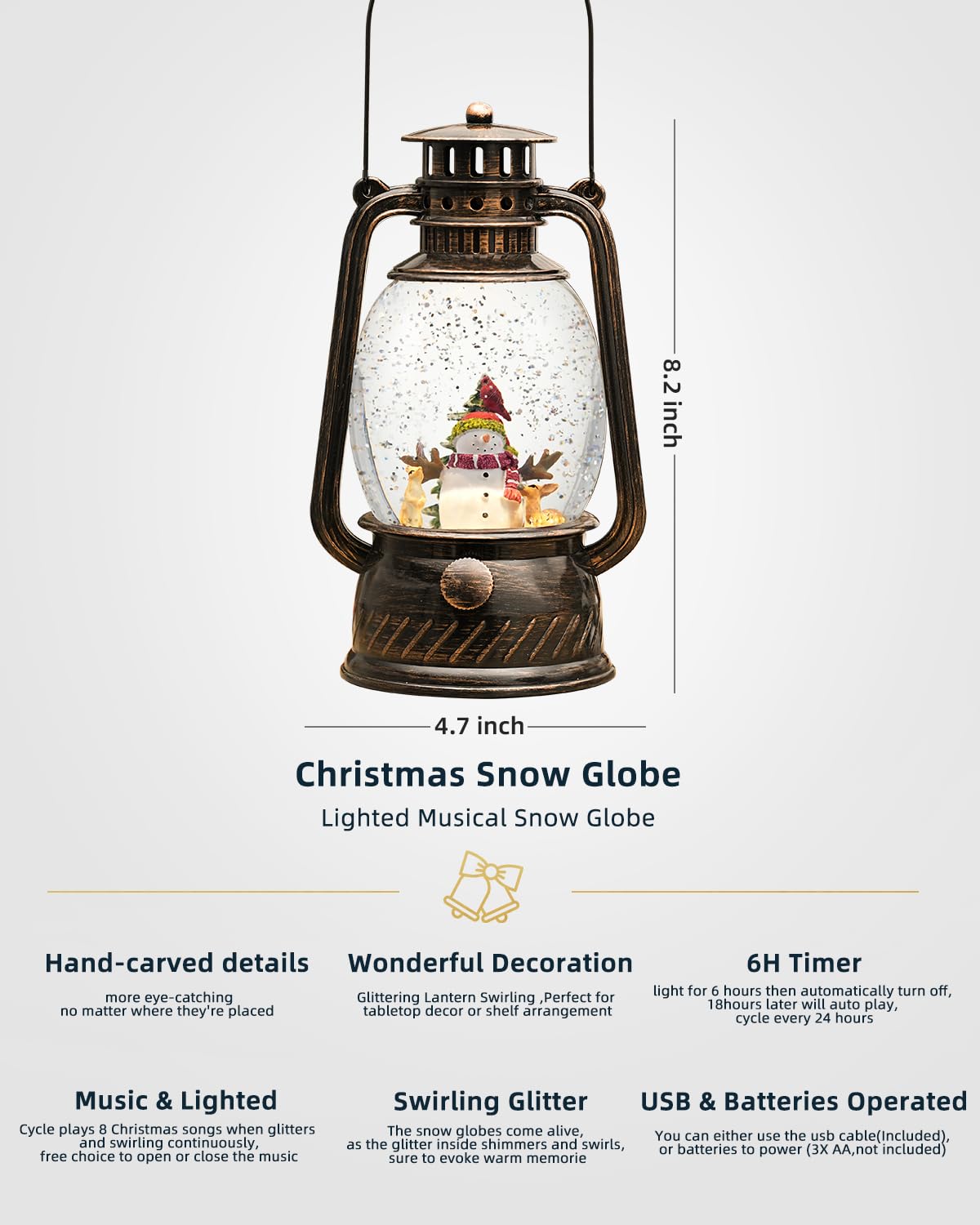 Christmas Decorations Indoor-Musical Snow Globe with 6H Timer,Snowman Cardinal Deer Lighted Scene Snow Globes Lantern USB or Battery Powered,Christmas Decorations Decor for Home