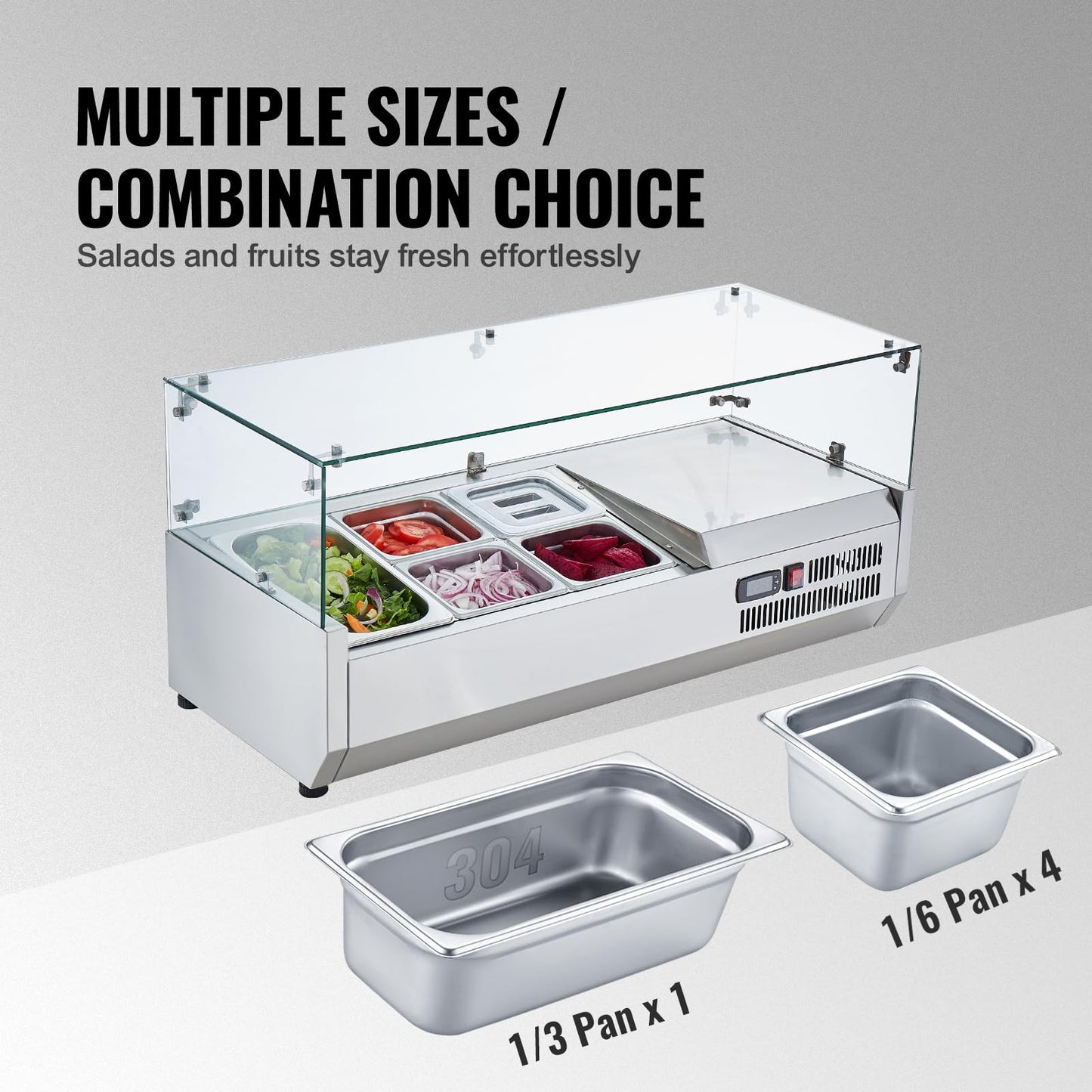 VEVOR Countertop Refrigerated Condiment Station, with 1 1/3 4 1/6 Pans, 304 Stainless Body and PC Lid, Sandwich Prep Table Guard, ETL, Glass 40in, Silver