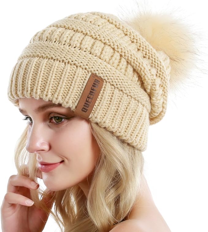 QUEENFUR Women Knit Slouchy Beanie Chunky Baggy Hat with Faux Fur Pompom Winter Soft Warm Ski Cap