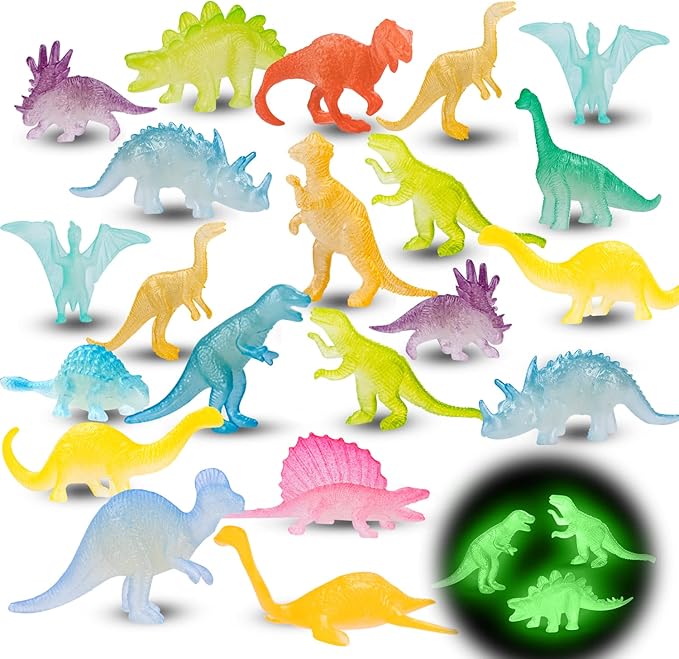 48Pcs Glow in Dark Mini Dinosaur Figures Kids Valentines Day Gifts School Birthday Party Favors Supplies Dino Cupcake Topp...