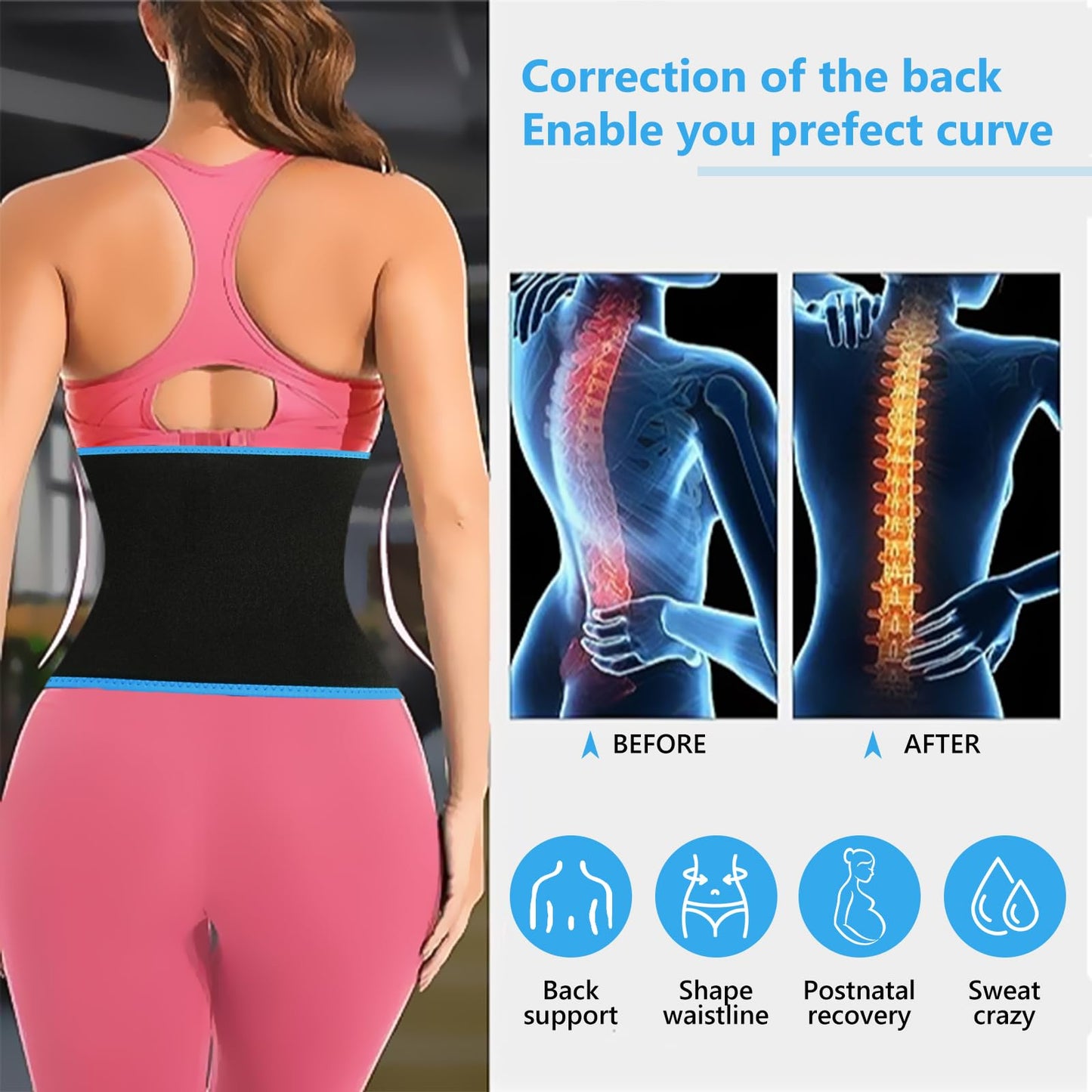 AMZBOSS Waist Trainer for Women Lower Belly Fat, Waist Sweat Band for Women, Belly Band Sweat Belt, Stomach Wrap, Faja Body Shaper (Blue, Large)