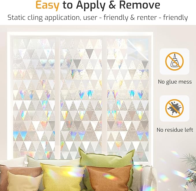 LUTE Window Privacy Film, Decorative Stained Glass Rainbow Window Clings, Sun Blocking Glass Covering, Renter-Friendly Static Cling Sticker Frosted Decals for Home Door Office, 23.6" x 157.4"