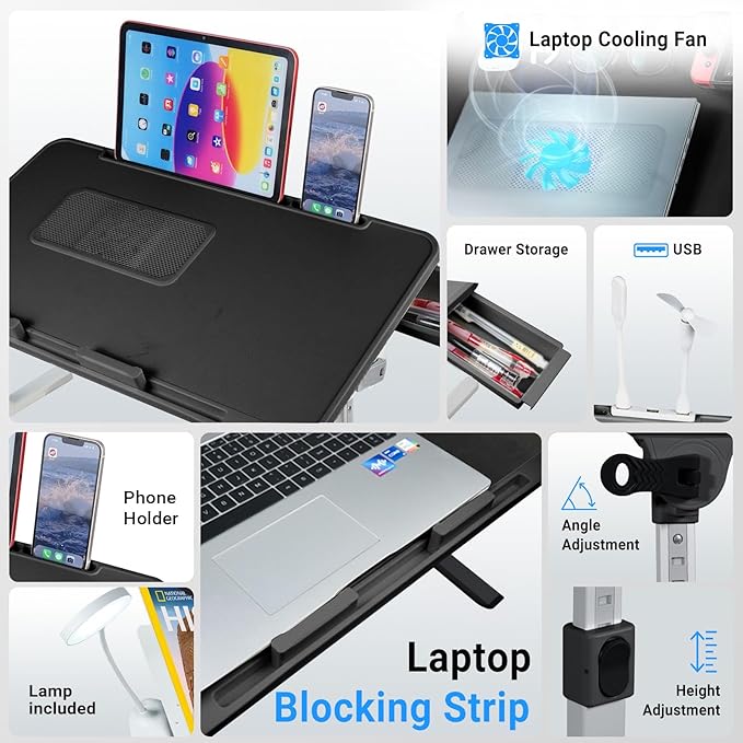 iXTRA Laptop Lap Desk Include Cooling Fan,Adjustable Lap Desk with Light Fan,Folding Laptop Desk for Bed with USB,Bed Desk with Storage Drawer 56 * 32cm,Black