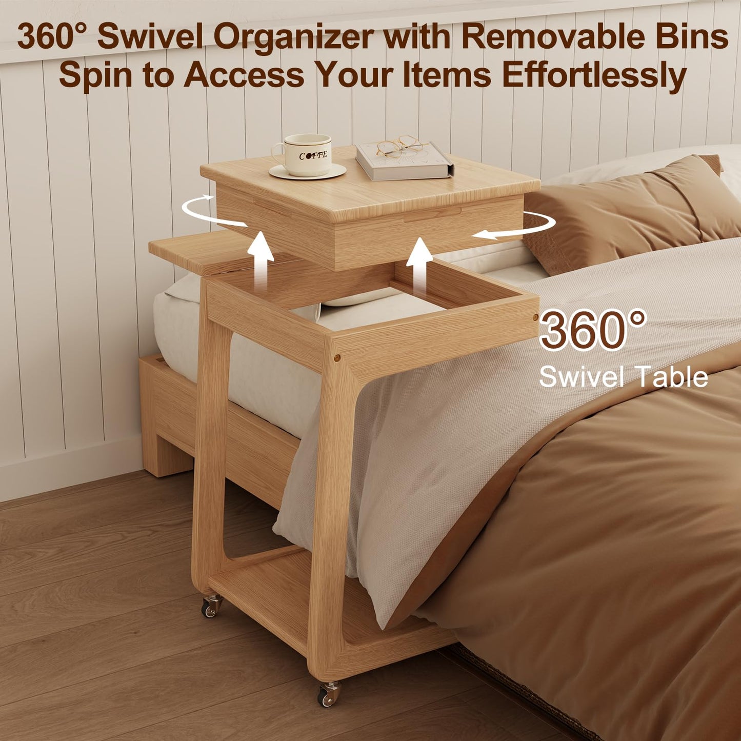 Solid Wood C Shaped End Table for Couch,Rolling C Table with Wheels,Small Side Table with Adjustable Desktop,Couch Desk with Storage,Rolling Tv Tray with Folding Shelf,Modern Bedside Table(Natural)