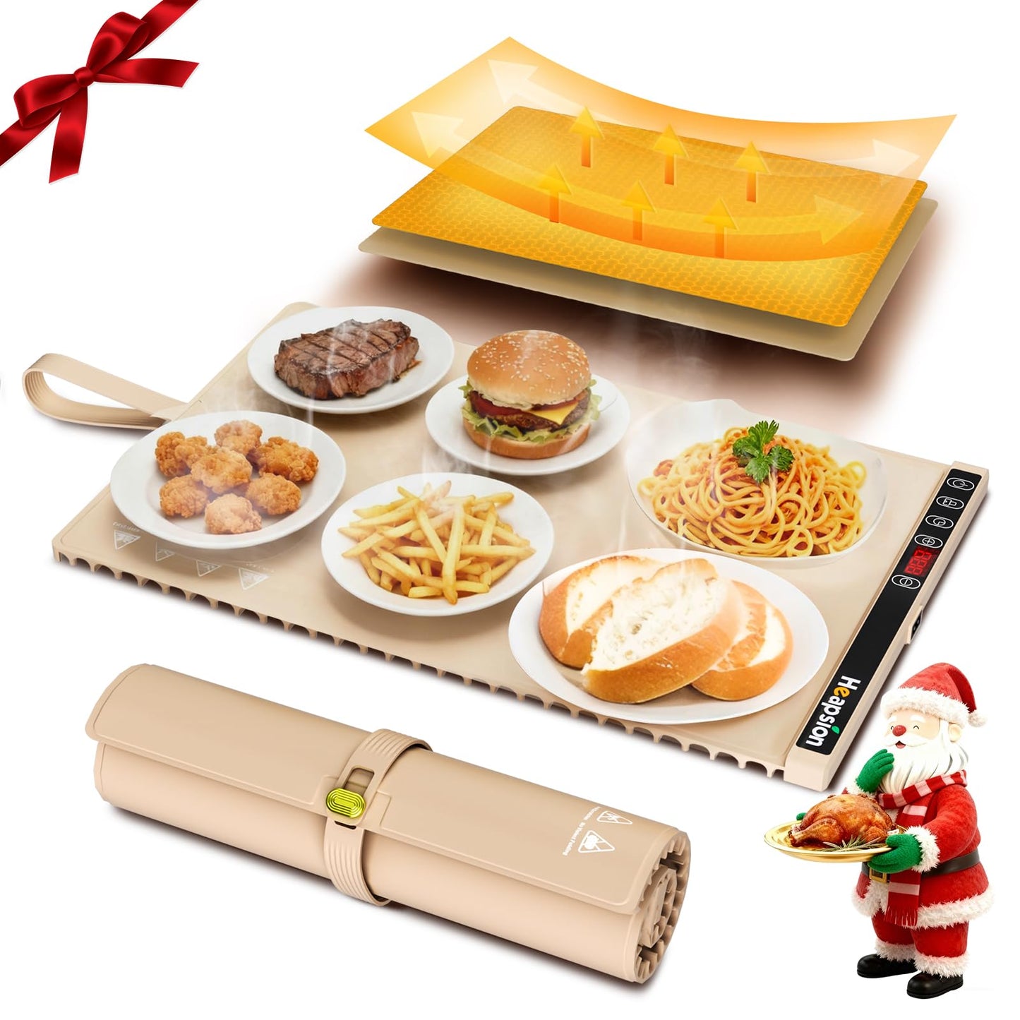 Heapsion Food Warming Mat, Electric Plate with 6 Level Temp 5 Hour Timer, 24x15'' Roll-Up Portable Warming Tray for Dinner Parties, Gatherings, and Holidays (Beige)