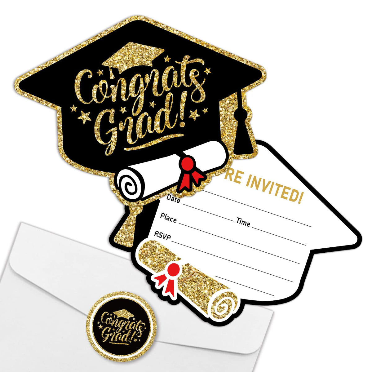 REWIDPARTY Graduation Hat and Diploma Shaped Fill-in Invitations with Envelopes & Stickers（Set of 15） Black Gold Graduation Invites Cards Grad Celebration Party Supplies for High School or College
