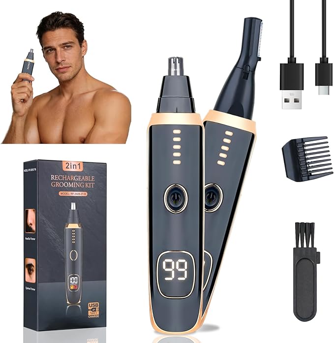 LED Display Eyebrow & Nose Hair Trimmer Clipper for Men Women,2026 Rechargeable 2 in 1 Painless Ear & Facial Hair Trimmer with Powerful Motor and Dual-Edge Blades Easy Cleansing