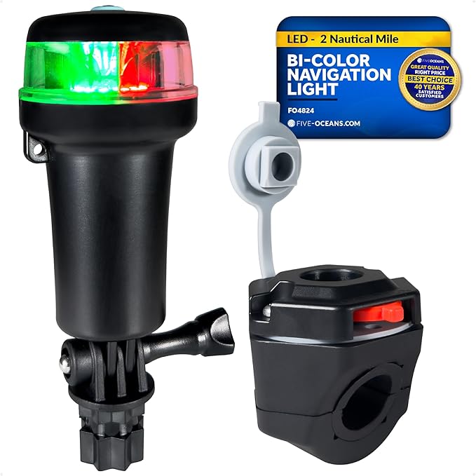 Five Oceans LED Portable Bi-Color Boat Navigation Light, Rail Mount Swivel Base, 2 NM Visibility, IP67 Waterproof, Batter...