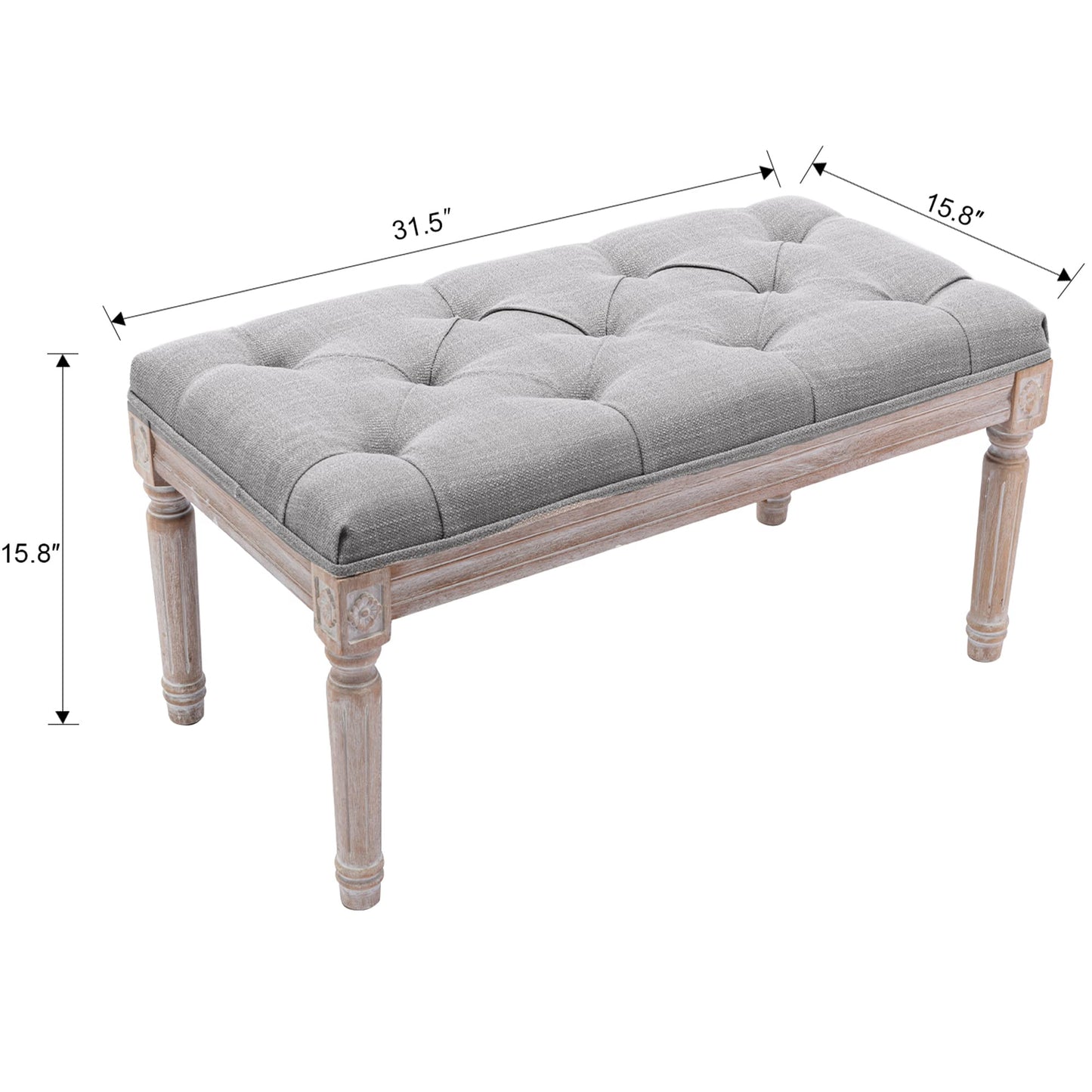 DM Furniture Ottoman Bench Upholstered Fabric Rectangle Entryway Bench, Tufted Piano Bench for 2 People, Rubber Wood Legs with Beautiful Carved Pattern for Bedroom/Living Room/Dining Room (Grey)