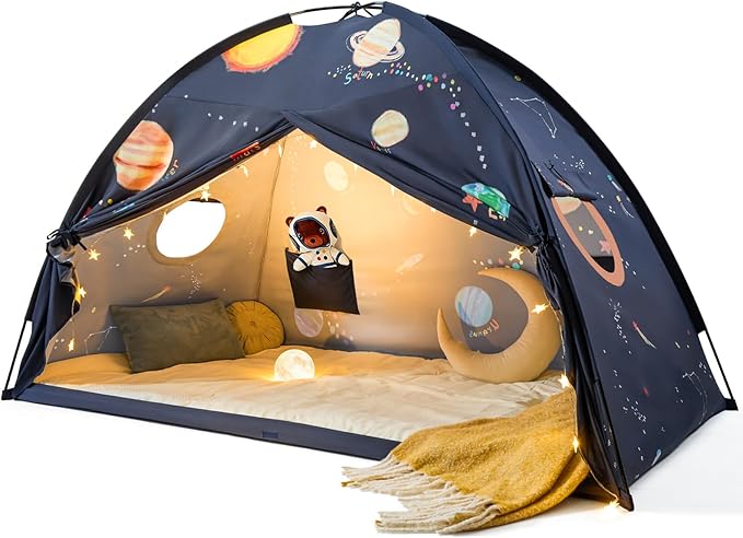 Tiny Land Space Galaxy Bed Tent for Kids – Sleep Bed Canopy with 9 Planets Design, Easy-to-Install Indoor Kids Play Tent, ...