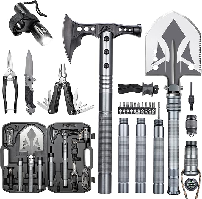 ZENHOSIT Multifunctional Folding Tactical Shovel Hatchet Combo - With Axe, Flashlight, Extension Handles - For Camping, Cy...