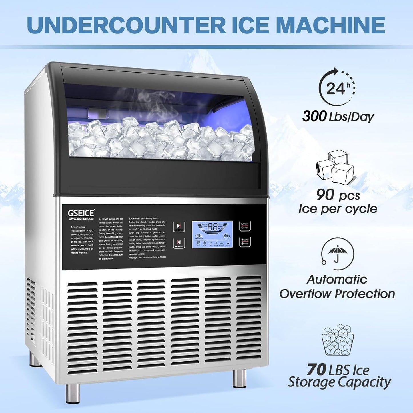 Commercial Ice Maker Machine - 300LBS/24H Under Counter Ice Machine with 70LBS Storage Bin, 90 Ice Cubes in 11Min, Stainless Steel Freestanding Ice Making Machine for Home Bar Outdoor