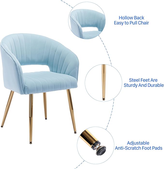KCC Modern Velvet Desk Chair Accent Armchair Upholstered Tufted Chairs Dining Chairs, Tufted Vanity Chairs Side Chair with Gold Metal Legs for Dining Room Living Room Restaurant, 1 PC & Baby Blue