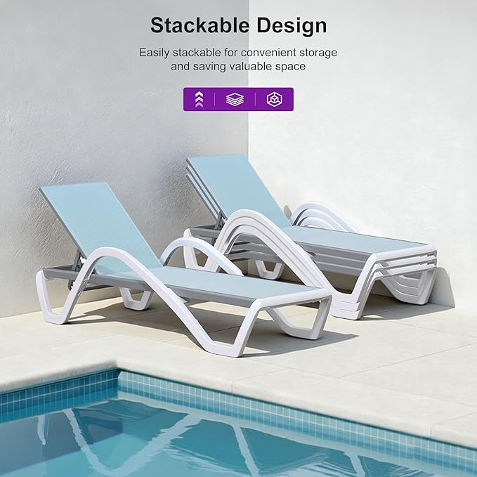 PURPLE LEAF Patio Chaise Lounge Chair with Armrests Outside Aluminum Plastic Stackable Tanning Chairs for Pool Sunbathing Beach Deck Outdoor Lounger, Light Blue