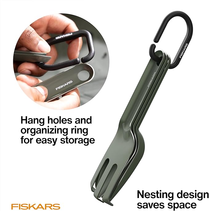 Fiskars 5-Piece Cultivating Tool Set for Indoor Plants – Stainless Steel Scoop, Trowel, Cultivator, Tongs & Brush, Space-Saving Nesting Design for Houseplants, Succulents & Cacti