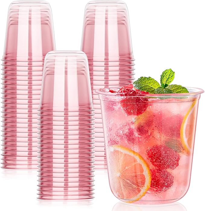 KesaPlan 50 Pcs Pink Plastic Cups, 12oz Disposable Stemless Wine Glasses for Cocktail Cute Clear Cocktail Wine Glasses Pin...