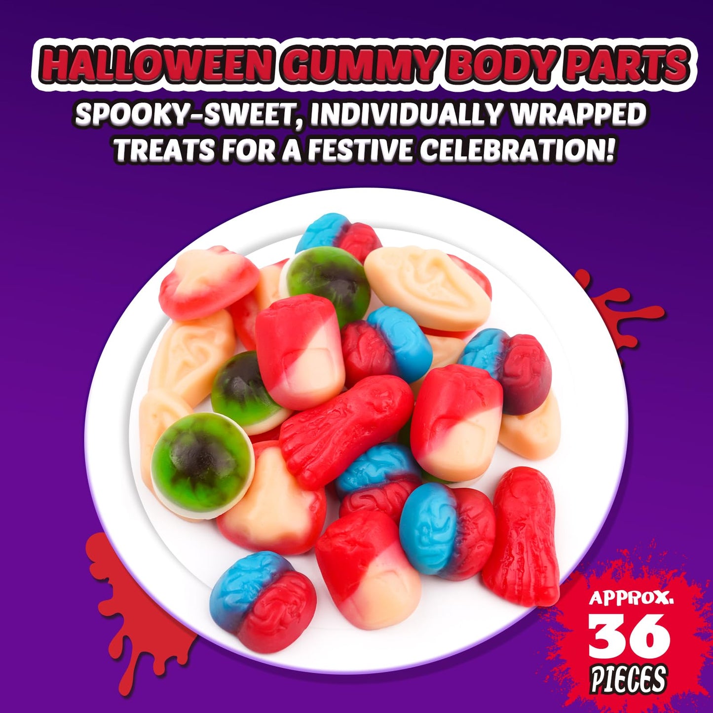Amos Halloween Gummy Body Parts, Spooky Candy for Trick-or-Treat, Halloween Snacks, and Edible Decorations – Approx. 36 Individually Wrapped Pieces, 9oz Bag
