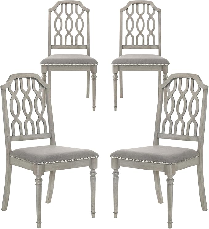 chairus Farmhouse Dining Chairs Set of 4, French Country Wooden Dining Room Chairs with Lattice Back & Nailhead Trim, Upholstered Linen Fabric Kitchen Side Chairs, Grey