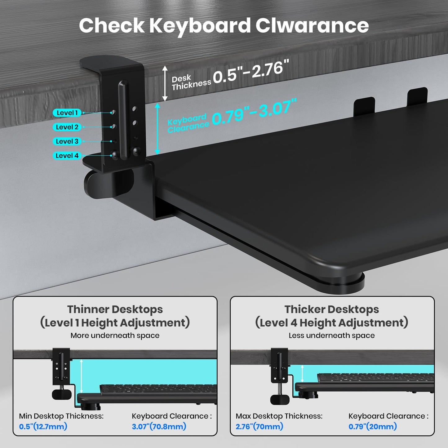 Keyboard Tray Under Desk, Pull Out Keyboard & Mouse Tray with Adjustable C-clamp, 25.6(31.5 Including Clamps) x 11.8 Inch Slide Out Computer Keyboard Drawer Mouse Tray for Typing, Black