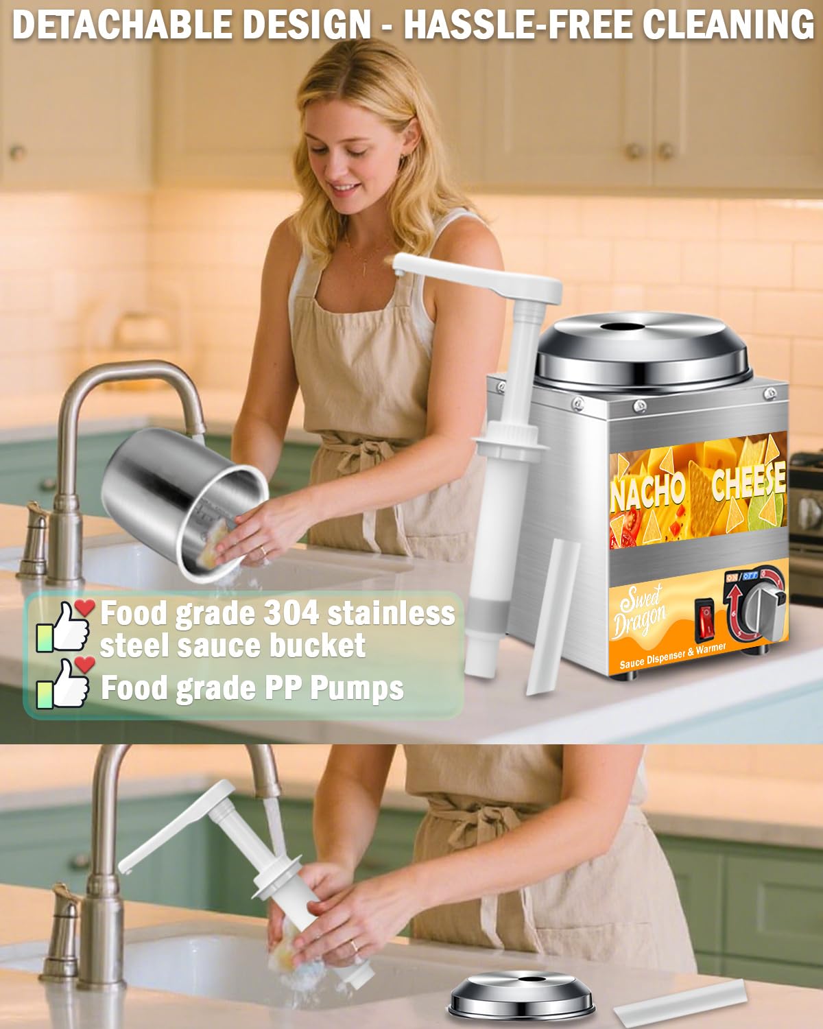Nacho Cheese Dispenser with Pump, 2.8 Qt Nacho Cheese Warmer, Stainless Steel Hot Fudge Cheese Melter Warmer W/6-Level Temperature Adjustment, Commercial Sauce Dispenser for Butter Syrup Caramel