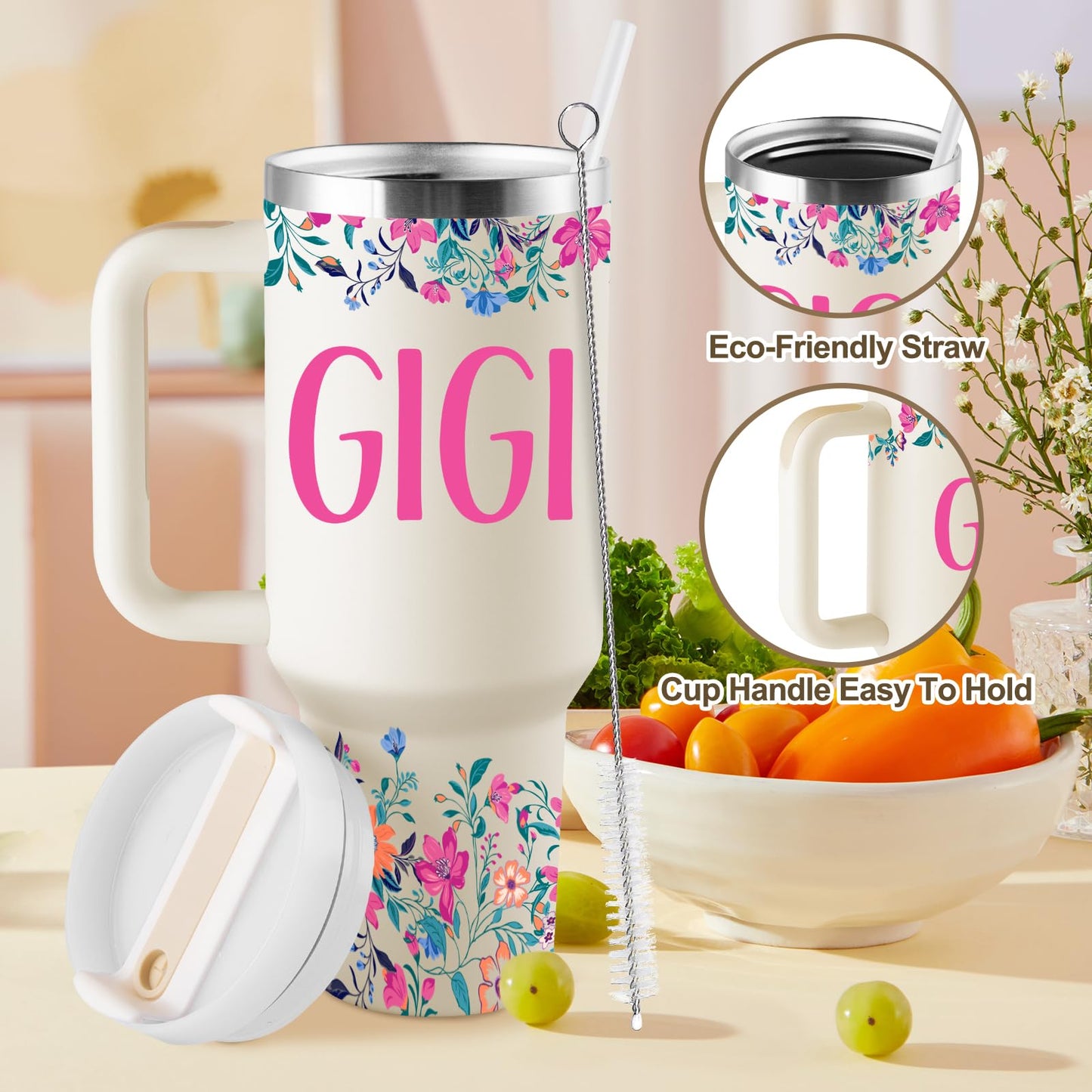 ROSTANTEN Gigi Gifts for Grandma Birthday Gifts for Gigi from Granddaughter Grandchildren Grandkids Grandma Mothers Day Christmas Gift 40oz Travel Cup Insulated Tumbler with Lid & Straw