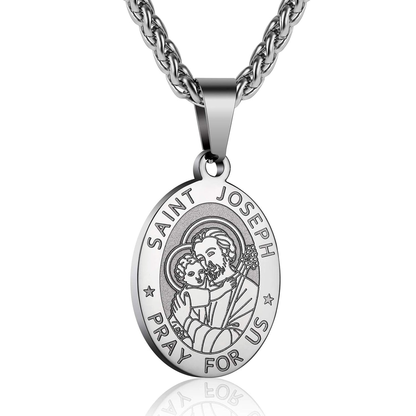 Zocomi Silver Saint St Joseph Medal Necklace for Men Boys, St. Joseph Pendant Chain Jewelry Catholic Christian Religious Baptism