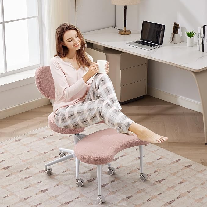 Cross Legged Office Chair with Wheels–360°Swivel Meditation Chair, Adjustable Height Yoga Office Chair for Adults, Ergonomic Kneeling Chair with Back Support for ADHD, Teddy Fabric, Pink