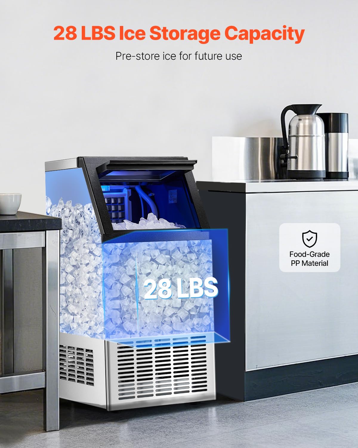VEVOR Commercial Ice Maker, 100lbs/24H Ice Maker Machine with 28lbs Storage Capacity, 40 Ice Cubes in 15 Minutes, Freestanding Ice Maker for Bar Home Office Restaurant, LED Display, Self-Cleaning