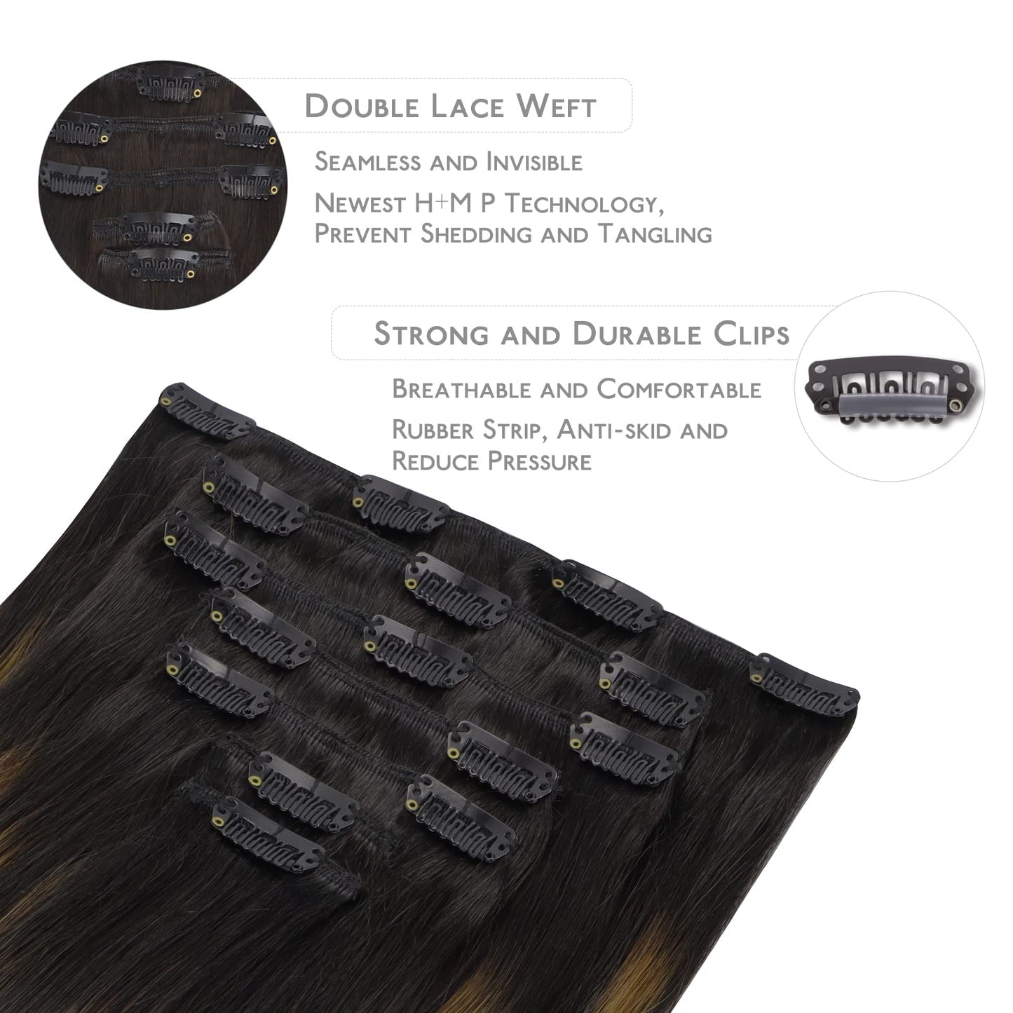 WENNALIFE Clip in Hair Extensions Real Human Hair, 22 Inch 120g 7pcs Remy Hair, 24 Inch 120g 7pcs Natural Black to Chestnut Brow