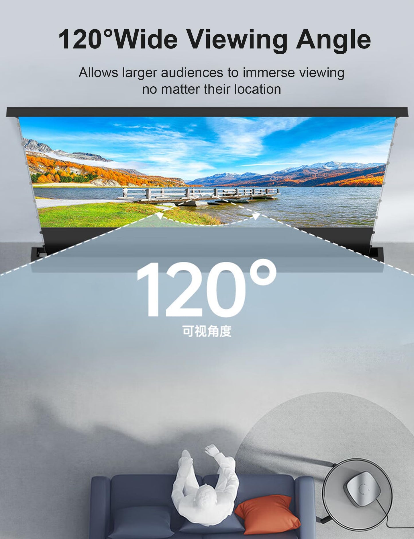IN&VI 100" Fresnel Floor Rising Projector Screen Motorized for Long/Standard Projector,Motorized Projector Screen 4K/8K Ultra HD 3D Active,Movie Screen for Home Theater,90% Ambient Light Rejecting