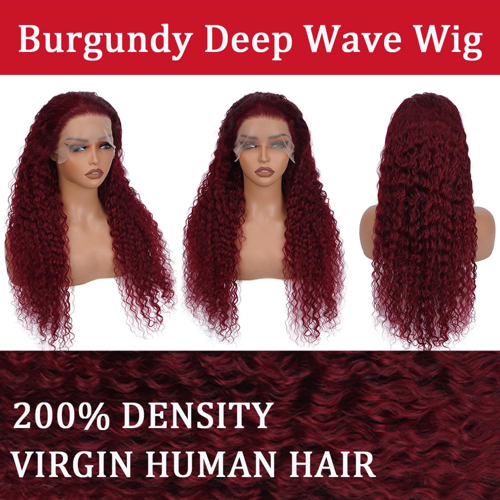 Simeider 34 Inch 13x6 Burgundy Lace Front Wigs Human Hair Deep Wave Red Frontal Deep Wave HD Lace Front Wigs Human Hair Red Burg