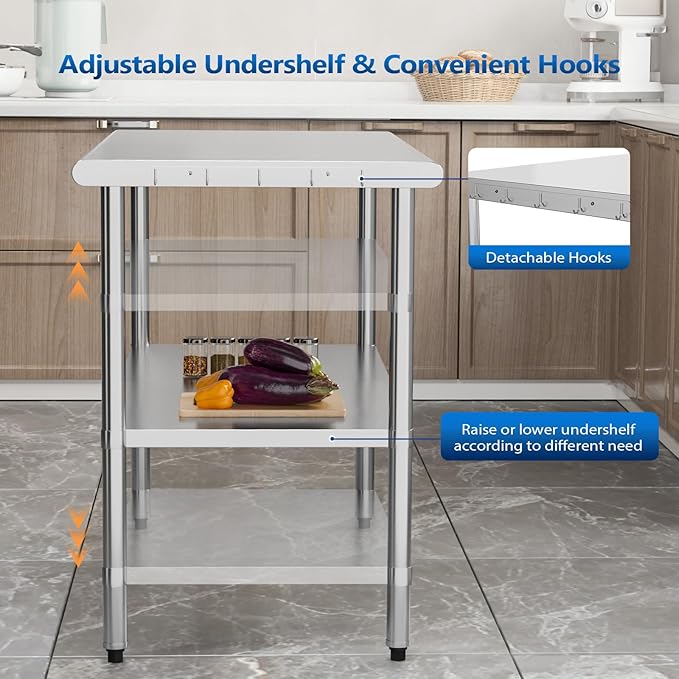 ROVSUN 48'' x 24'' Stainless Steel Table for Prep & Work,Commercial Worktables & Workstations, NSF Heavy Duty Metal Table with Adjustable UnderShelf for Kitchen, Restaurant, Home, Hotel, Outdoor