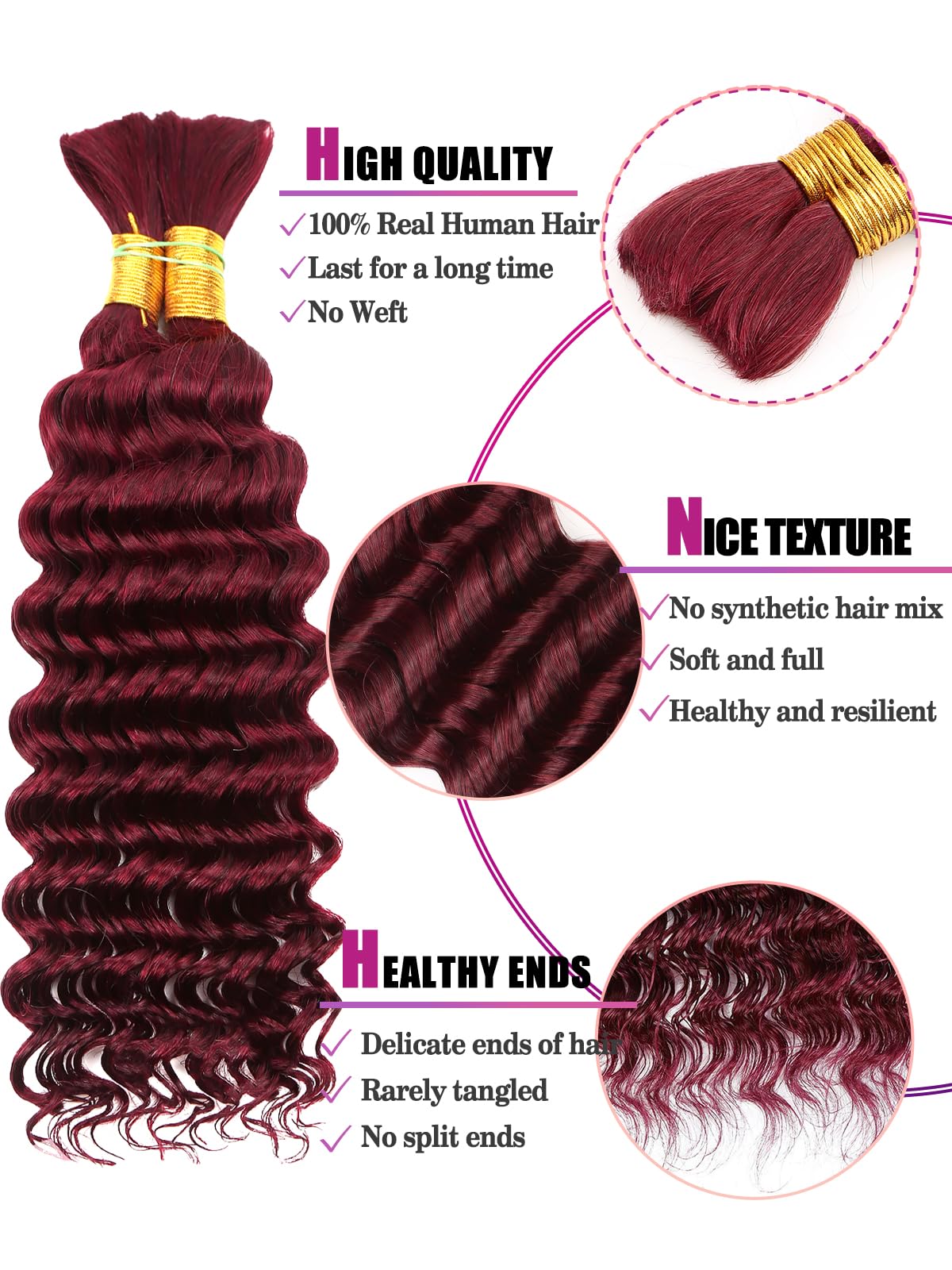 99J Burgundy Human Braiding Hair Deep Wave Bulk Human Hair, No Weft Curly Braiding Hair Extensions for Boho Braids Wet and Wavy