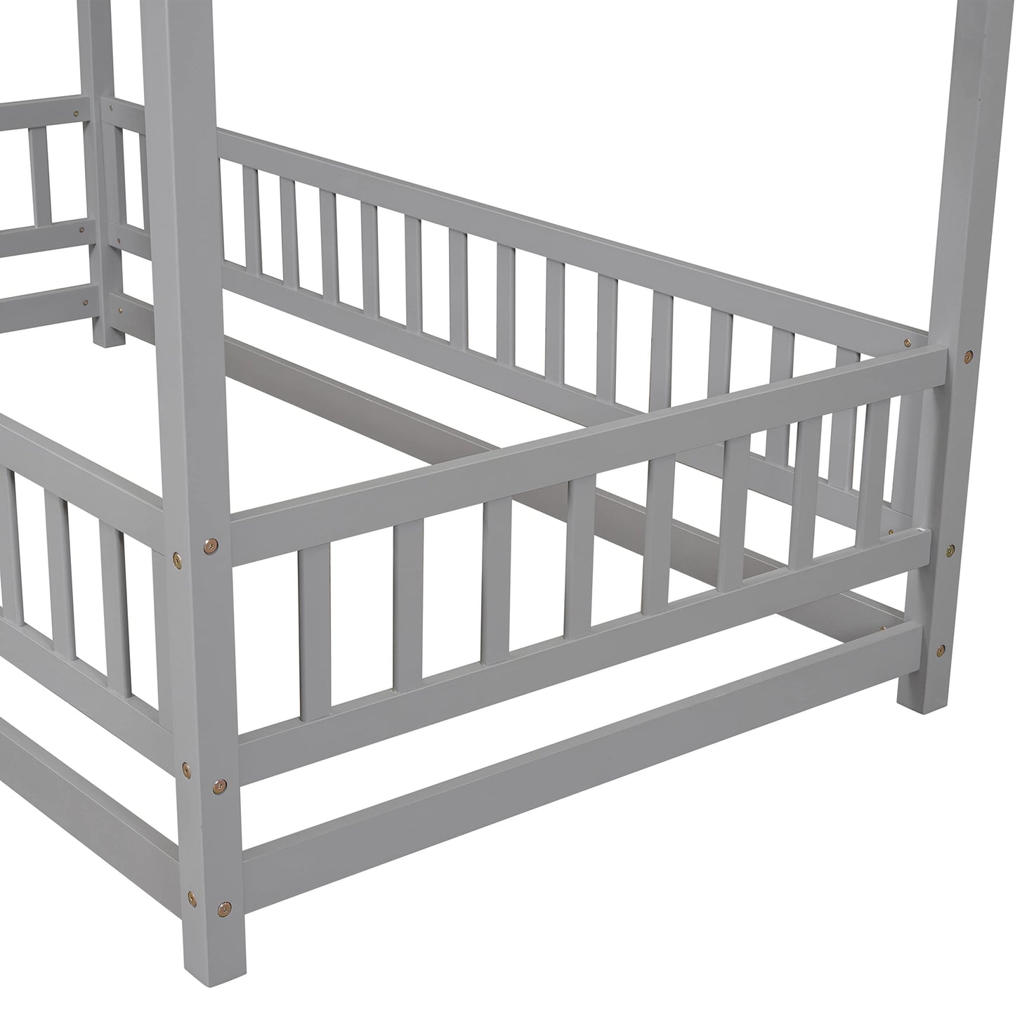 Bellemave Twin Size House Floor Bed Frame,Wooden Montessori Floor Bed with Fence for Kids,Twin Size Kids Bed,Gray