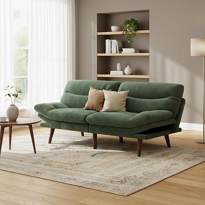 Marsail Futon Sofa Bed, 75” Futon Couch with Adjustable Backrest & Armrests, Convertible Small Sleeper Sofa Bed for Small Apartments, Study Room, Office, Corduroy Loveseat, Green