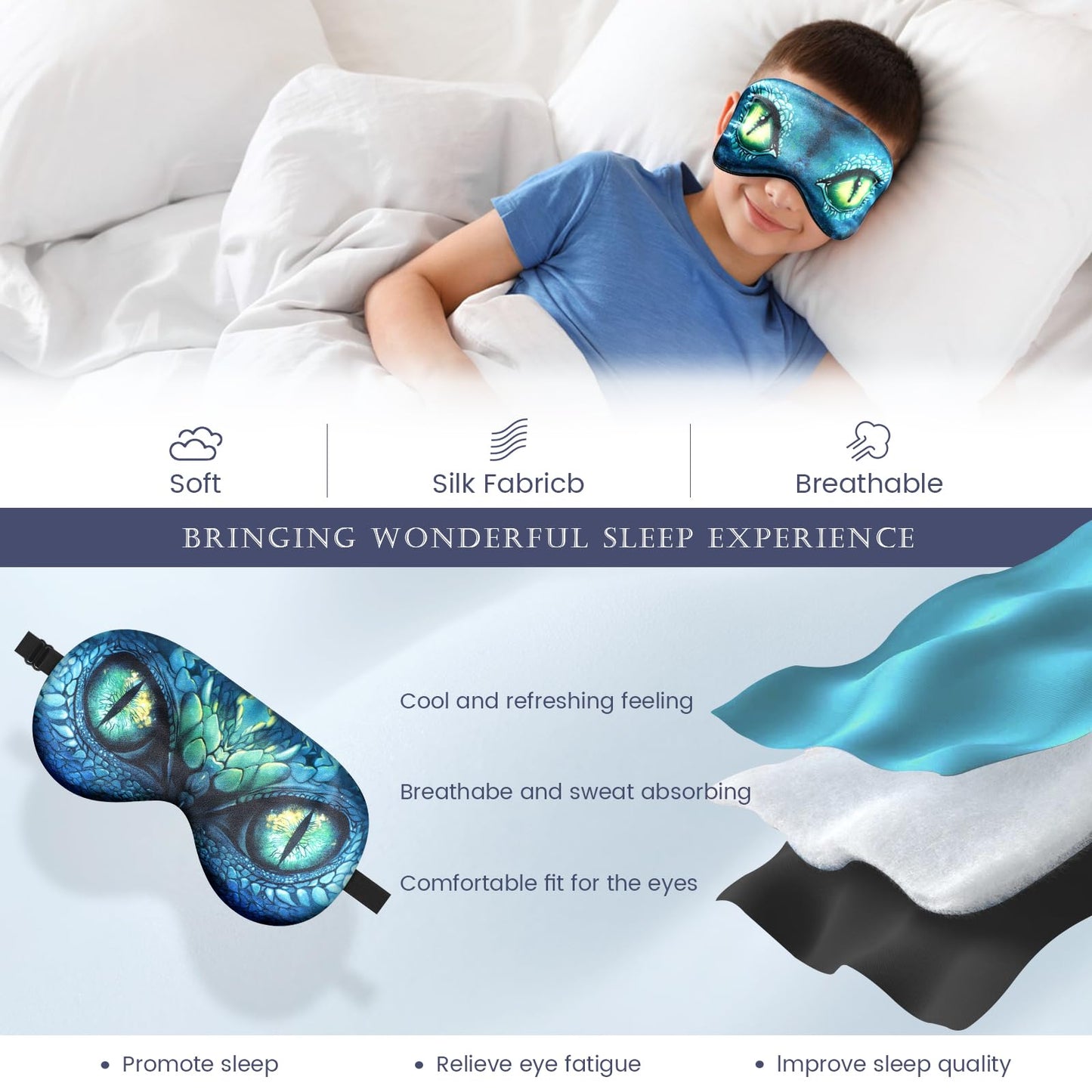 2 Pcs Sleep Mask for Kids Boys, Silk Eye Covers for Sleeping, Adjustable Strap & Light Blocking Design, Adult Children's Bedtime Blindfold for Travel and Home Use (Green Dinosaur Eyes)
