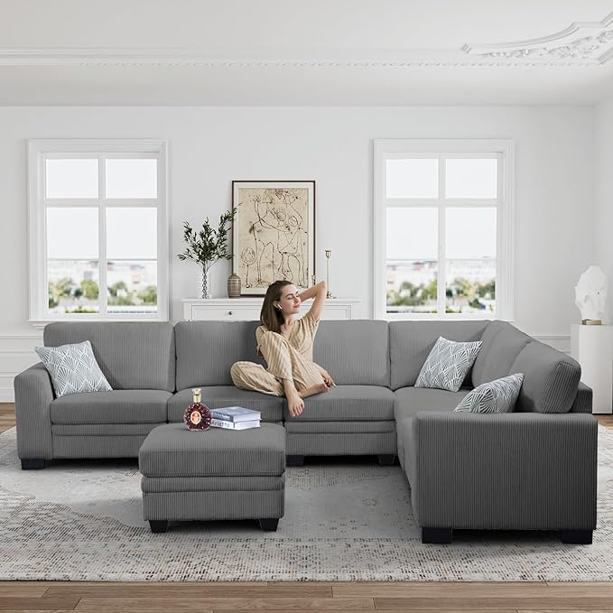 Legend Vansen Oversized Modular Sectional Sofa,7 Seat U Shaped Couch with Ottoman,Corduroy Sofa with Deep Seat,Convertible Large Sectional Couches for Living Room (Grey, L-9）