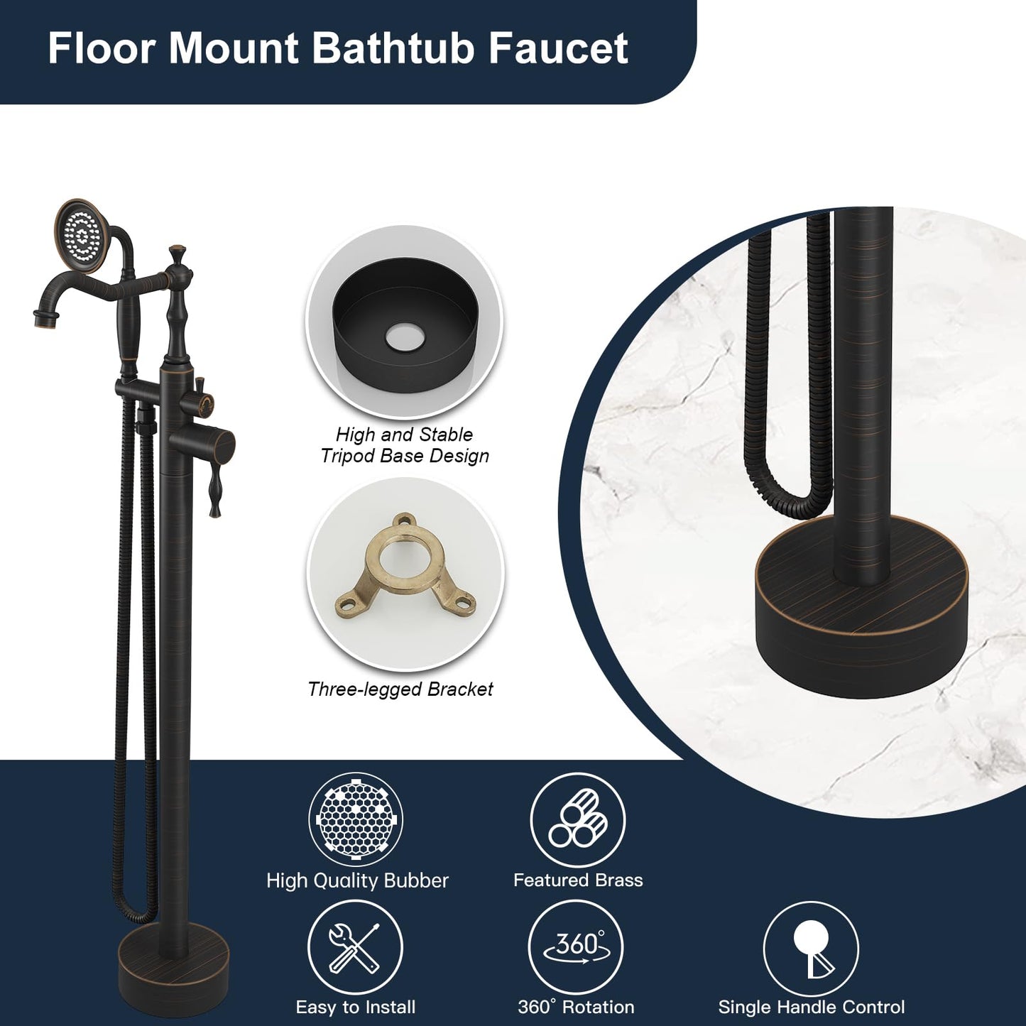 Kroias Oil Rubbed Bronze Standing Bathtub Faucet Freestanding Tub Filler High Pressure Single Handle Bathtub Filler Floor Mounted Brass Bathroom Stand Tub Faucets with Handheld Shower