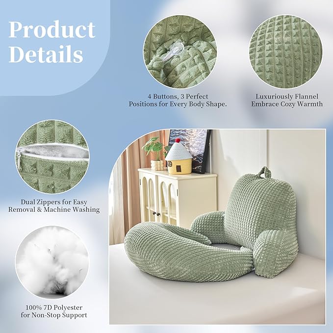 PAJEO Reading Pillow for Bed,U Shaped & Back Support Pillow for Bed,19" Backrest with Lumbar & Arm Support,Comfy Flannel Fabric,Lap Pillow for Gaming/Reading/Watching TV,Green