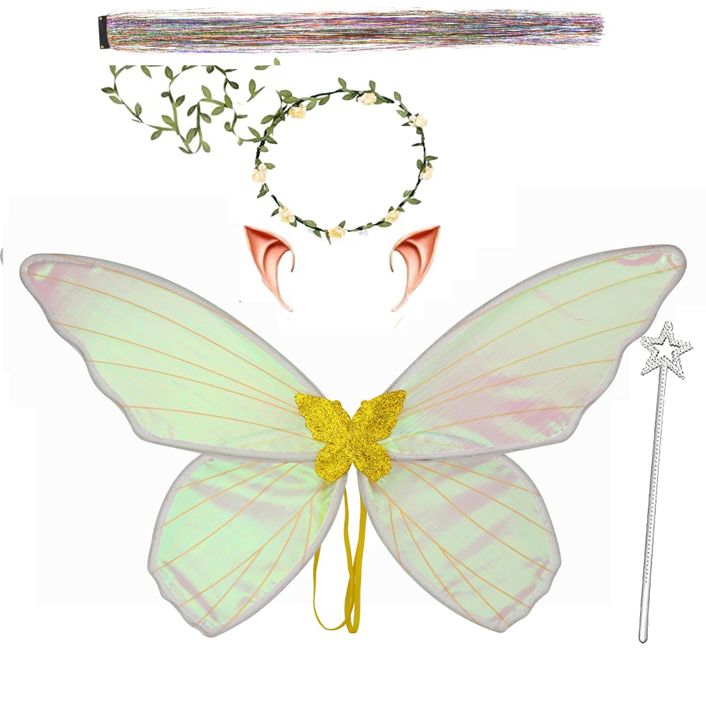 Fairy Wings for Adults and Girls，Fairy Costume Set with Floral Garland, Fairy Hair Tinsel, Wand & Elf Ears – 19"x24" Organza Butterfly Wings – Ideal for Cosplay, Party, Gold