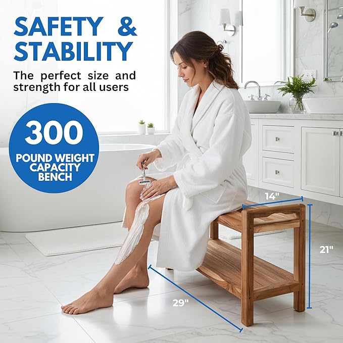 EcoDecors Eleganto 24 Inch Natural Color Waterproof Teak Wood Shower Bench Stool Seat Chair For Inside Shower Provides Safety, Storage, and Organization For Bathroom Accessories