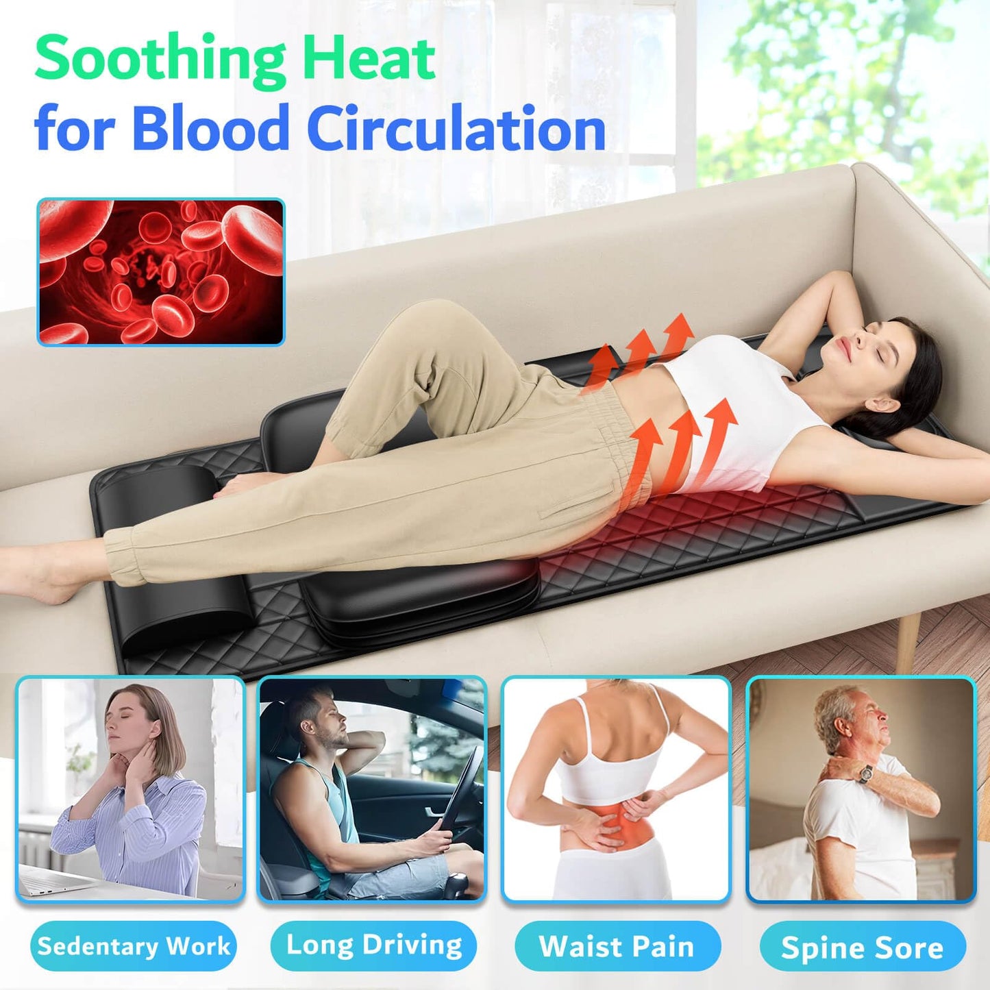 Full Body Massage Mat with Heat, 3D Stretching Back Massager Pad for Bed Sofa Floor, Lumbar & Neck Support, 4 Modes 3 Intensities 3 Heat Levels, Portable & Foldable, PU Leather, Gifts for Mom Dad