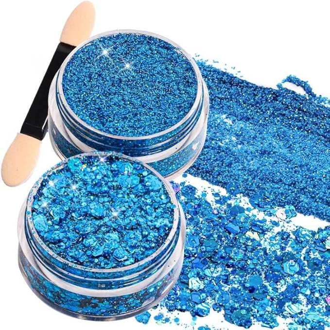 Teenitor Face Glitter, 2pcs Blue Body Glitter Gel, 20g/0.7oz Makeup Glitter for Face, Body, Eye, Hair Glitter Gel, Blue Gl...