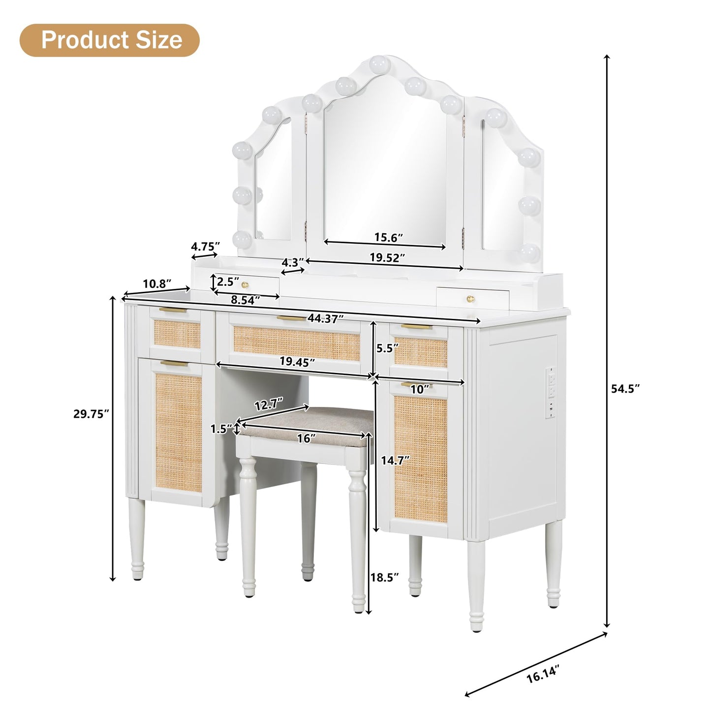 Merax 44.37 inch Makeup Vanity Desk with 13 Hollywood Bulbs & Tri-Fold Mirror, Dressing Table with 5 Drawers, Shelves, Charging Station (2 AC Outlets + USB + Type-C), 3 Lighting Modes, White