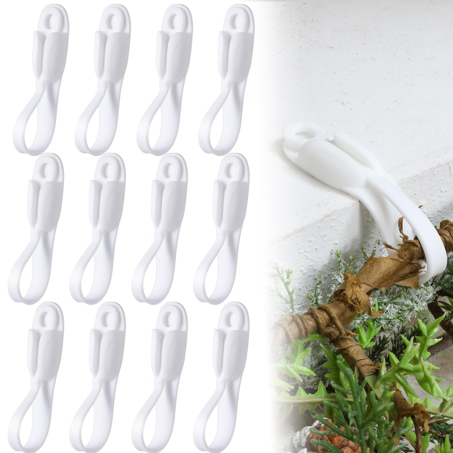 Relaxweex 24 Pcs Christmas Garland Hanger for Mantle Garland Hooks Christmas Wreath Ties Stocking Holder Reusable Silicone Adhesive Straps for Wreath Fireplace Mantle Stairways (White)