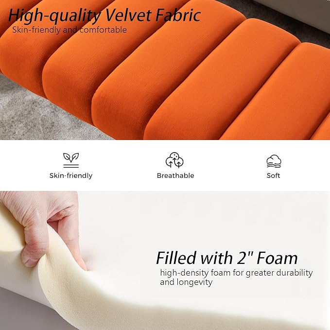 AIITTCC Velvet End of Bed Bench Upholstered Modern 59" Bedroom Bench for King Bed Bench Tufted Window Bench Comfy Long Ottoman for Living Room/Entry/Indoor (Orange, 59" Wide)