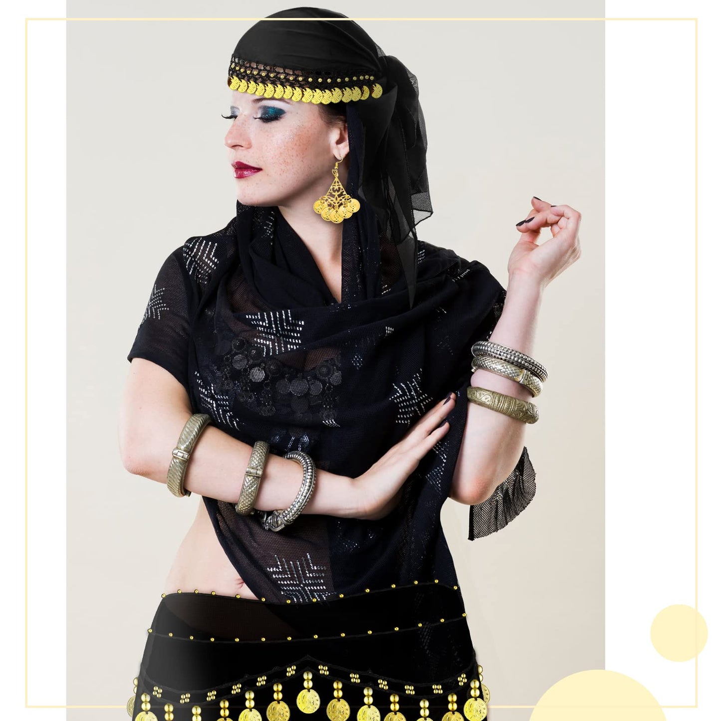 Sureio 4 Pcs Women Gypsy Pirate Costume Accessories Belly Dance Head Scarf Earring Necklace Hip Scarf Jewelry(Black)